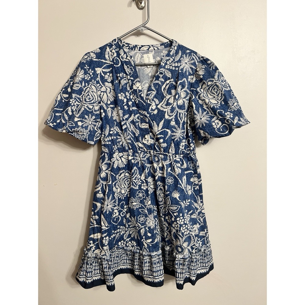 Joie Puff Sleeve Floral Mini Dress Women 8 Blue White fit & flare 100% Cotton